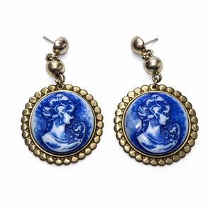 Elegant Blue and Gold Cameo Earrings